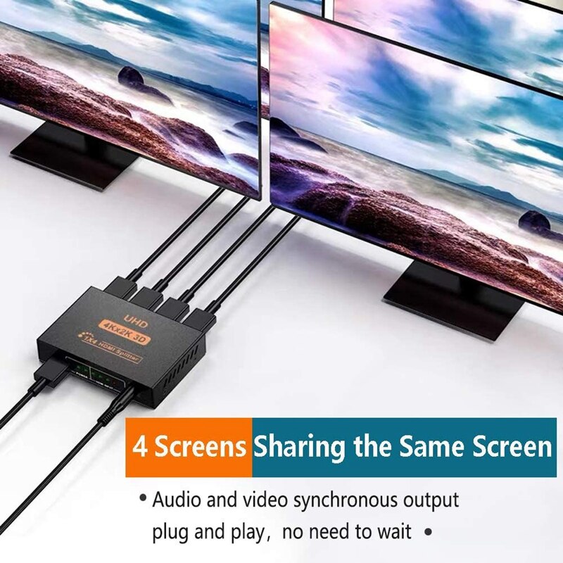 HDMI Compatible Splitter 1 in 4 Out, 4K Supports Full Ultra HD 1080P Switch Splitter for PC DVD HDTV Projector