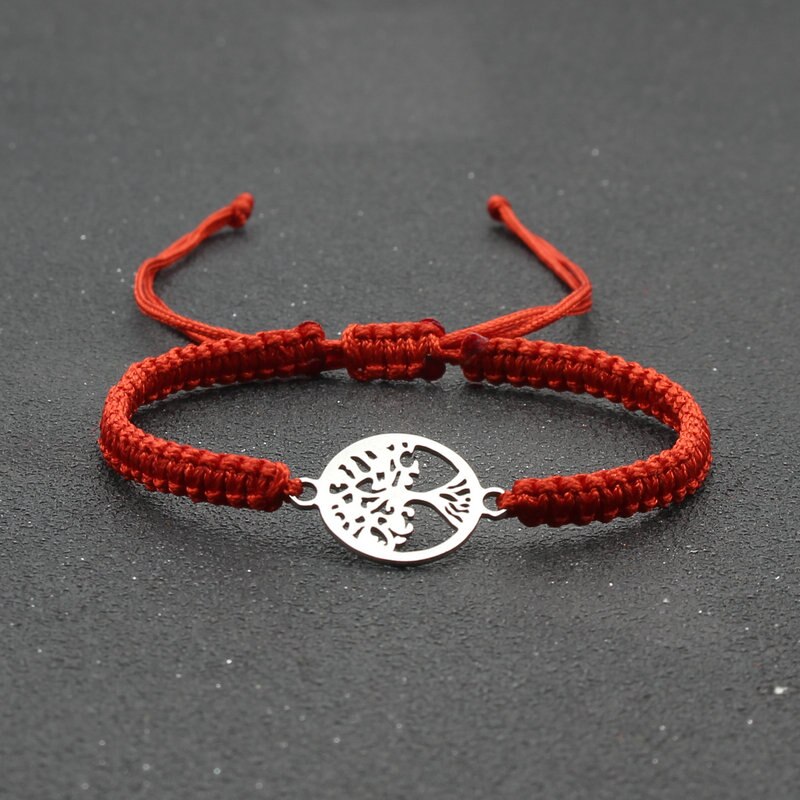 Pulsera de cuerda hecha a mano para hombre y mujer, brazalete de acero inoxidable con colgante de árbol de la vida, ajustable, para pareja: Red