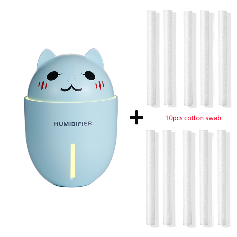 3 i 1 320ml usb luftfukter ultralyd kul-tåke bedårende kjæledyr mini luftfukter med ledet lys mini usb vifte: Blå og 10 filtre