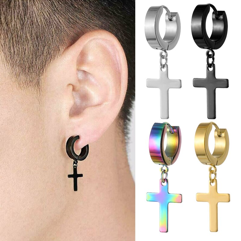 1 Pair Women Men&#39;s Stainless Steel Earrings Black/Silver Color Cross Gothic Punk Rock Style Pendientes Dropping Mujer Moda