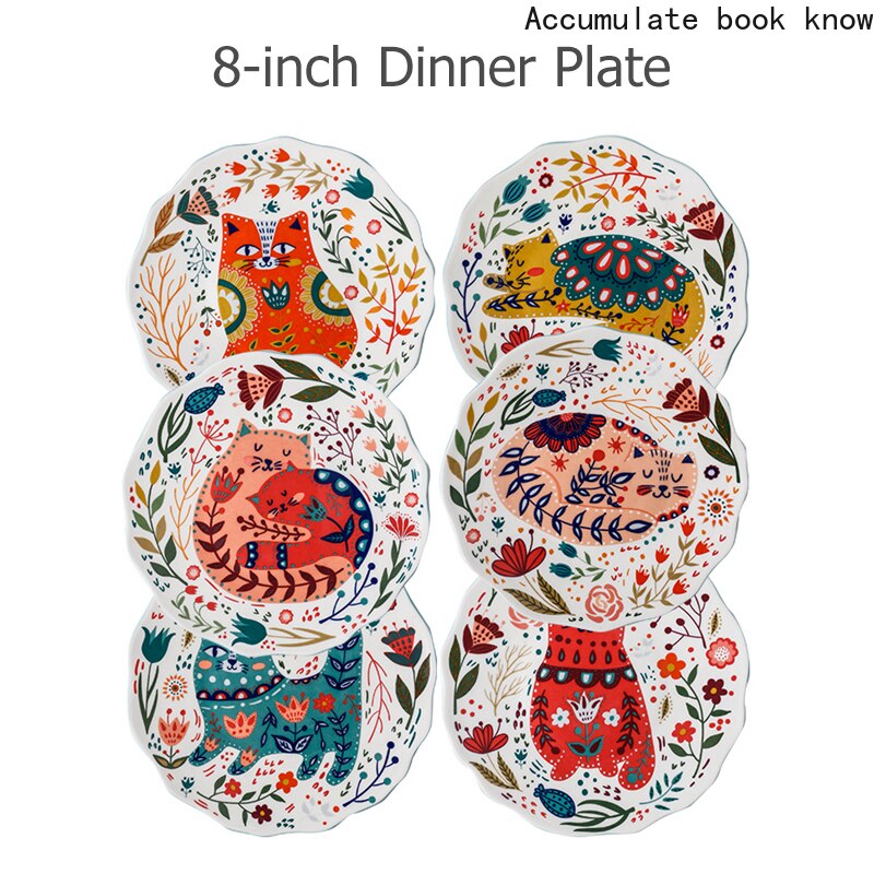 Neue 8 zoll Bunte Katze Abendessen Platte Unter-glasierte Keramik Abendessen Gerichte Nachtisch Tablett Blume Kätzchen Geschirr Mikrowelle Sicher