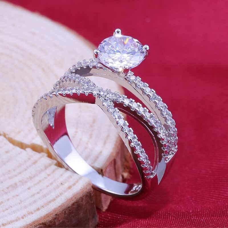 Niedliche Weibliche Kristall Weiß Runde Ring einstellen Luxus 925 Silber Engagement Ring Jahrgang Braut Hochzeit Ringe Für Frauen