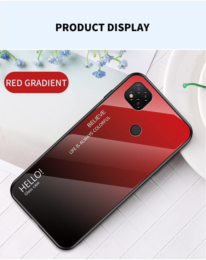 OUDINI For Xiaomi Redmi 9C Cover Gradient Glass Case For Redmi 9C Case: red