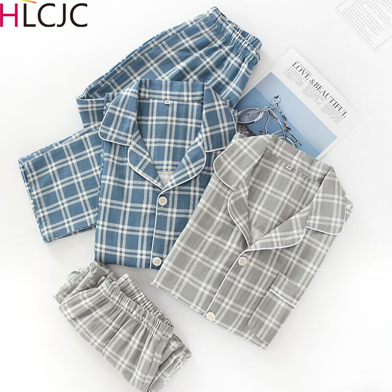 Men's Plaid Pajama Suit 100% Cotton Gauze Thin Casual Pijama Set Long Sleeves Long Trousers Mens Pyjama Autumn Men Sleepwear