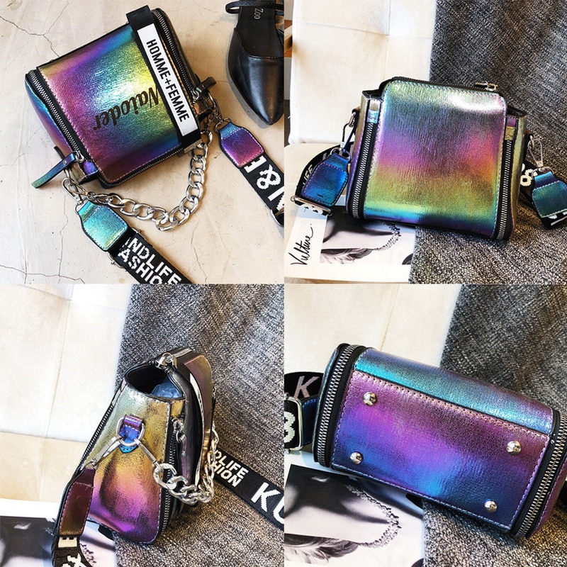 Women Chain PU Single Shoulder Bag Letter Printing Messenger Beach Bag