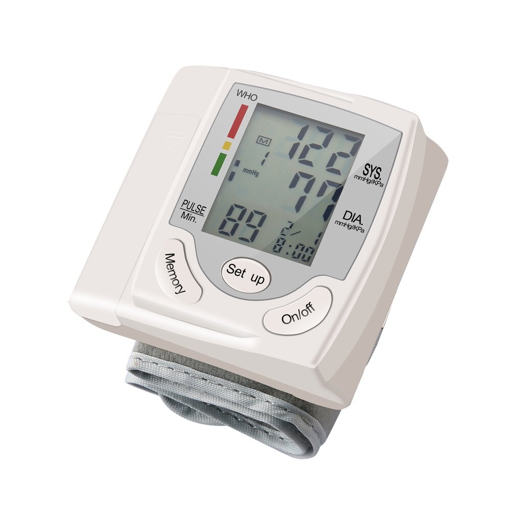 Auto lcd digital overarm blodtryksmåler håndled bp hjemme hjerteslag pulsmåler med manchet sundhedspleje instrument