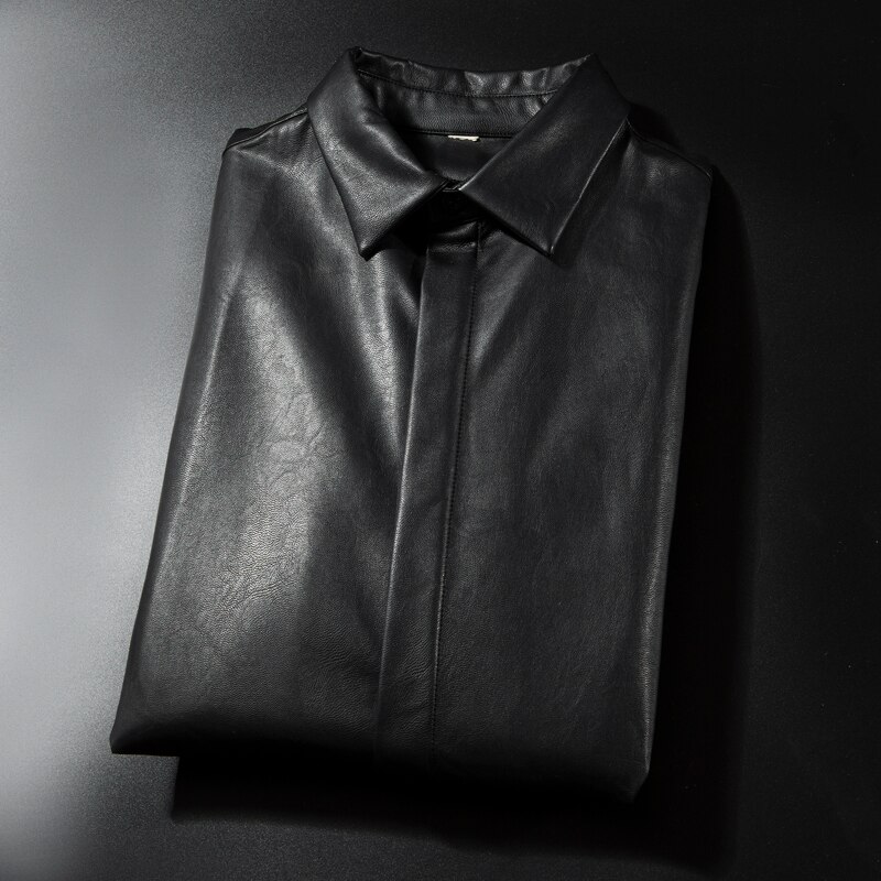 Chemises en cuir pour hommes, classique, tendance, coréenne, Slim Fit, Camisa Social Masculina, robe noire, manteau d&#39;extérieur: XL