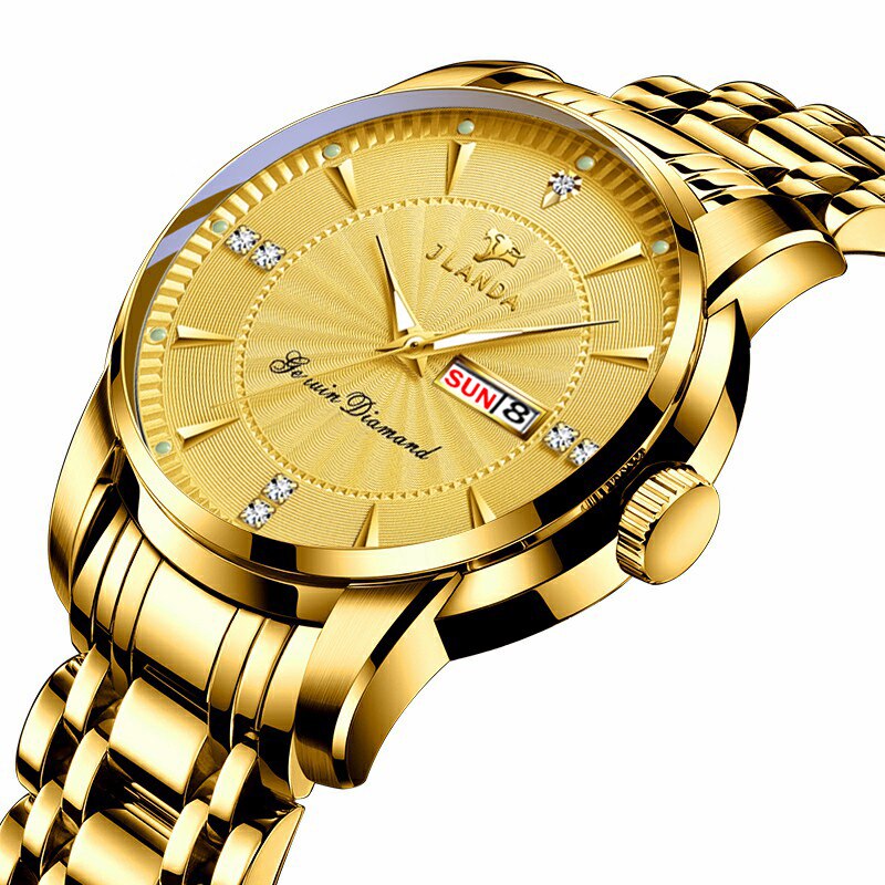 JLANDA-Reloj de pulsera de acero inoxidable para Hombre, Reloj de lujo clásico, de negocios, con fecha y semana, de cuarzo: Gold