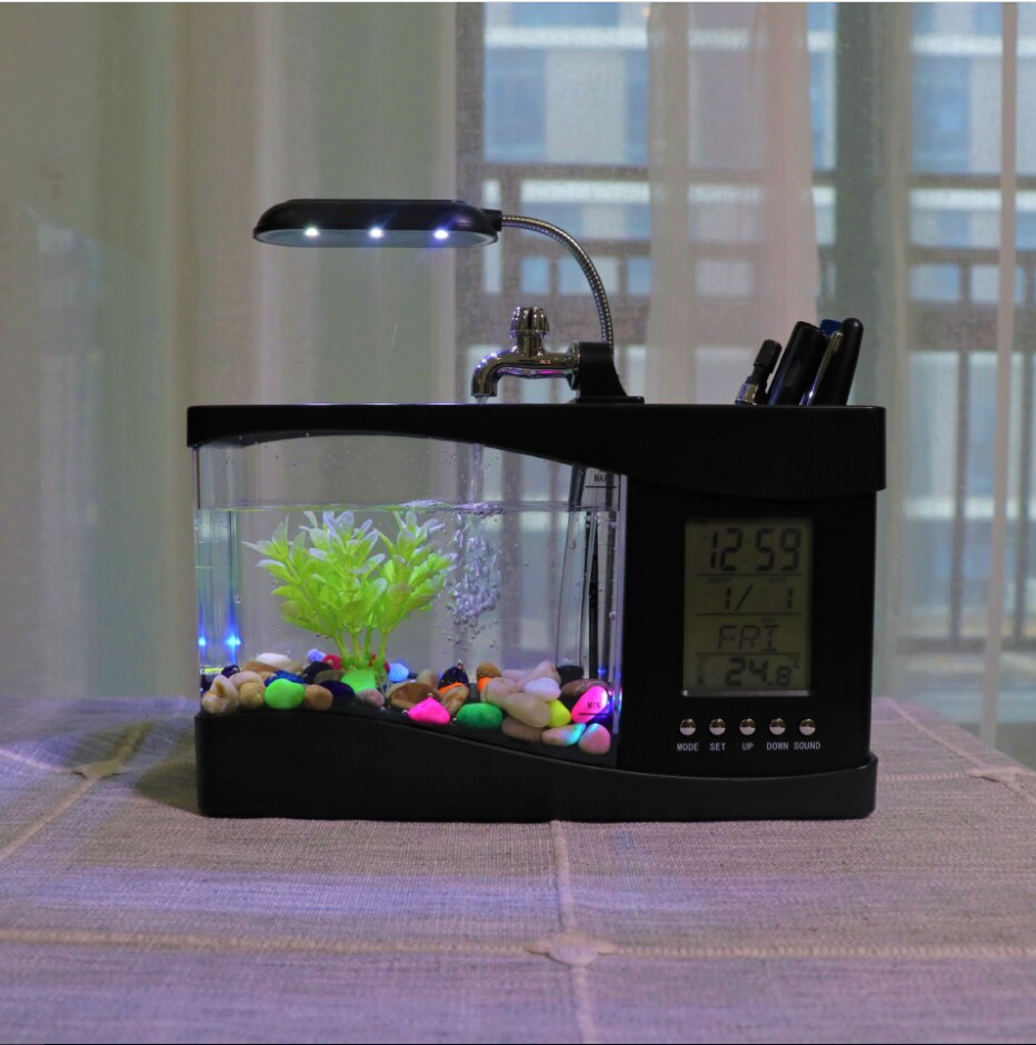 USB Mini Aquarium Fish Tank Aquarium with LED Desk Lamp Light LCD Display Screen Clock Fish Tank Aquarium Ecosystem With Light