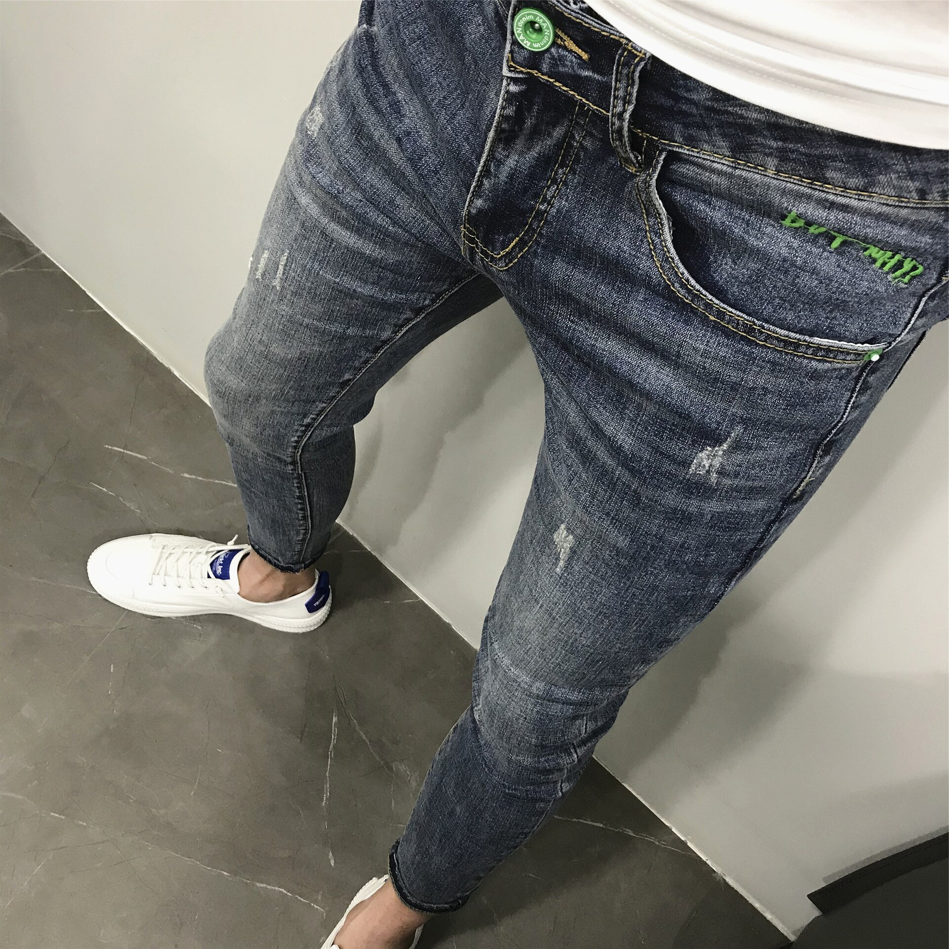 AOWOFS Slim Fit Jeans för Herr - Broderi - Dragkedja - Vår/Höst