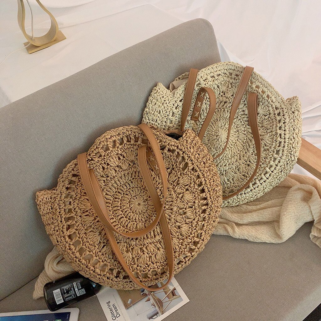 Saco de praia de palha redonda feminina saco de ombro tecido artesanal do vintage ráfia círculo rattan sacos boêmio verão férias sacos casuais