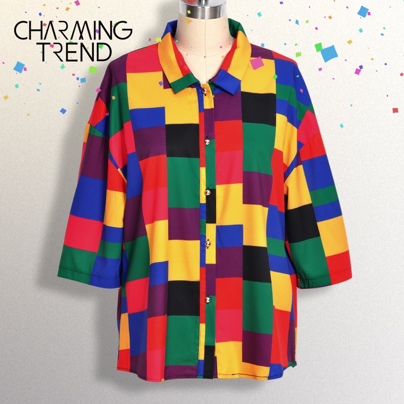 Dame bluse topp geometriske mønstre fargerike harajuku preppy unge jenter vintage skjorte streewear sommer kvinner løse klær