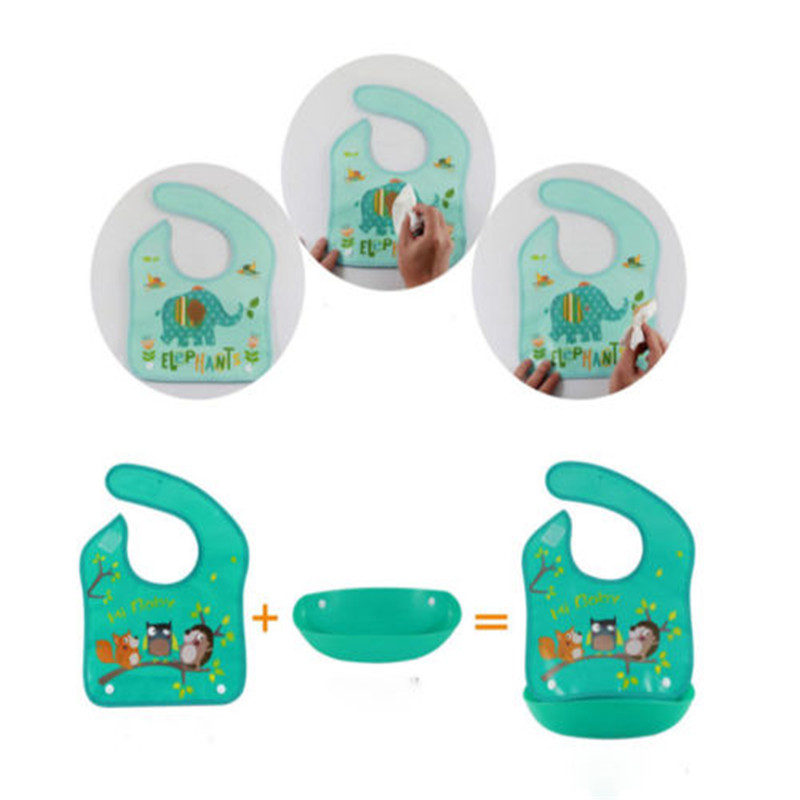 Cute Boys Girls Silicone Waterproof Bib Washable Roll Up Crumb Catcher Feeding Eating Bids Animals Printed Unisex Baby Bids