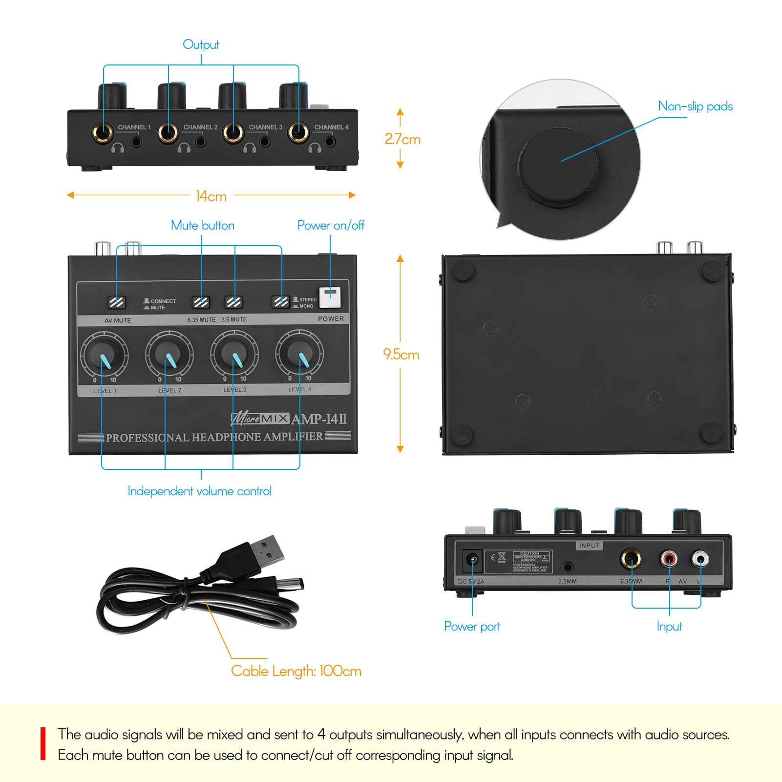 AMP-14 4-Channel Headphone Amplifier Compact Stereo Headphone Amp with RCA/6.35mm/3.5mm Input Volume Control