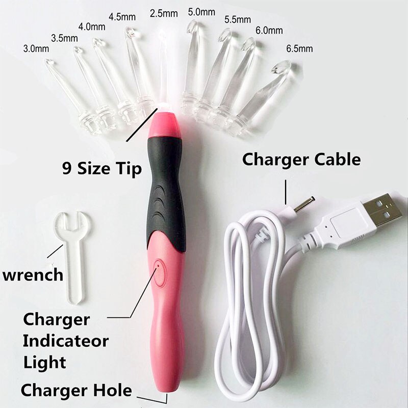 Crochet lumineux LED avec chargeur USB, Crochet de 9 tailles, éclairage d'urgence, aiguilles à tricoter, Crochet supérieur remplaçable, outil de couture