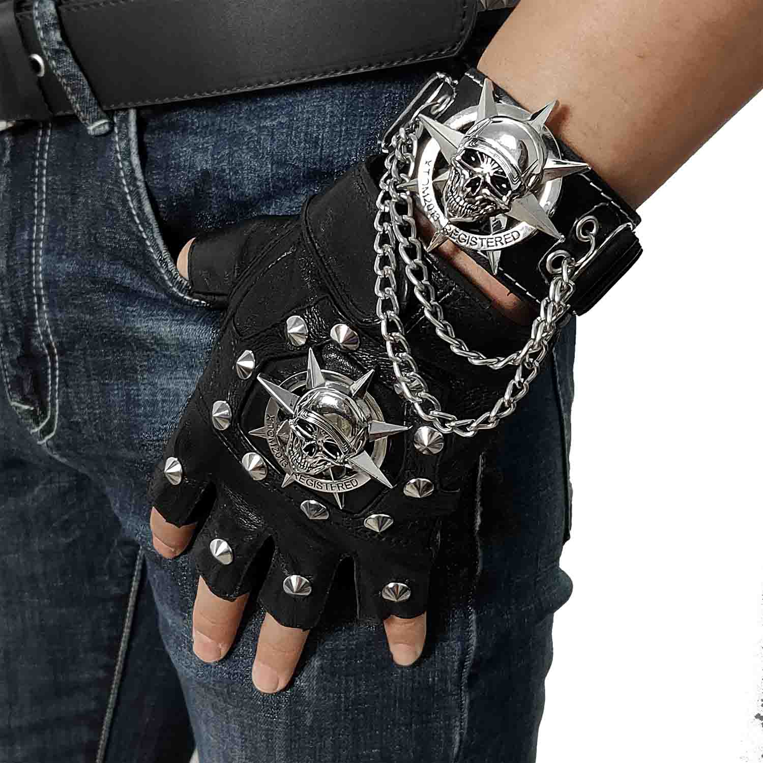 Steampunk Biker Lederen Handschoenen Mens Skull Punk Rock Handschoenen