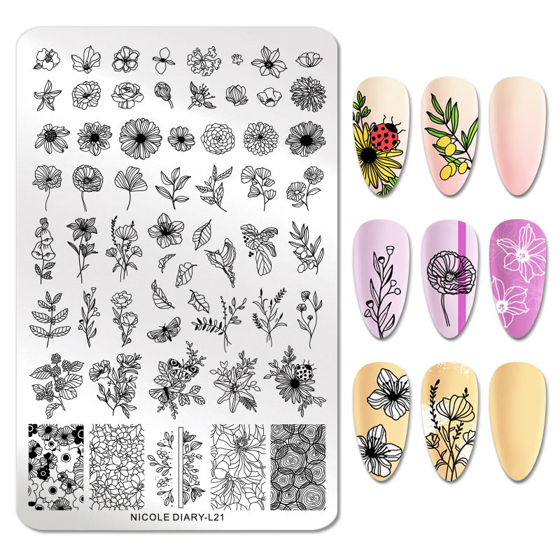 Nicole Dagboek Grote Rechthoek Stempelen Plaat 14.5*9.5 Cm Bloemen Bloemen Rvs Nail Art Stencil Plant Stempel template