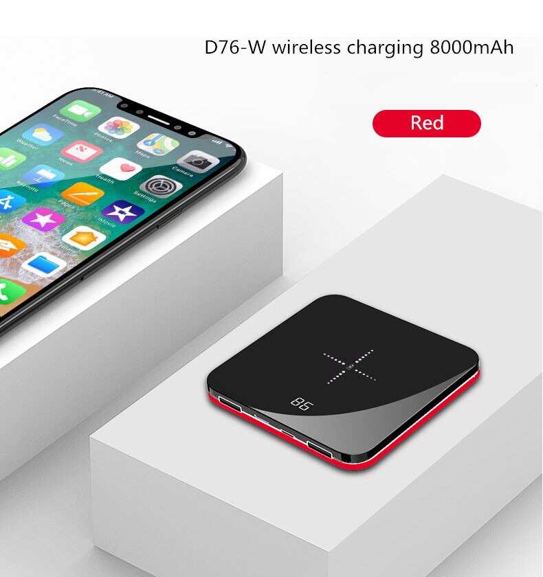 8000mAh Mini Power Bank 2.0A Quick Charge Power bank Dual-USB Portable Mirror Aluminium Fast Charging Mini External Battery: Red D76-W