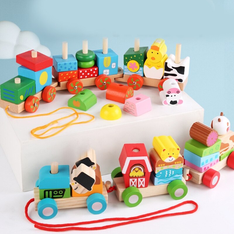 Kids Houten Pull Langs Trein Stapelen Bouwsteen Baby Vroege Educatief Speelgoed Y4UD