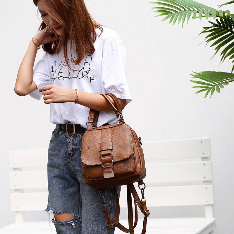 Multifonction petite poche à clapet en cuir Pu femmes sac à dos Vintage doux sacs à bandoulière classique de voyage sacs à dos