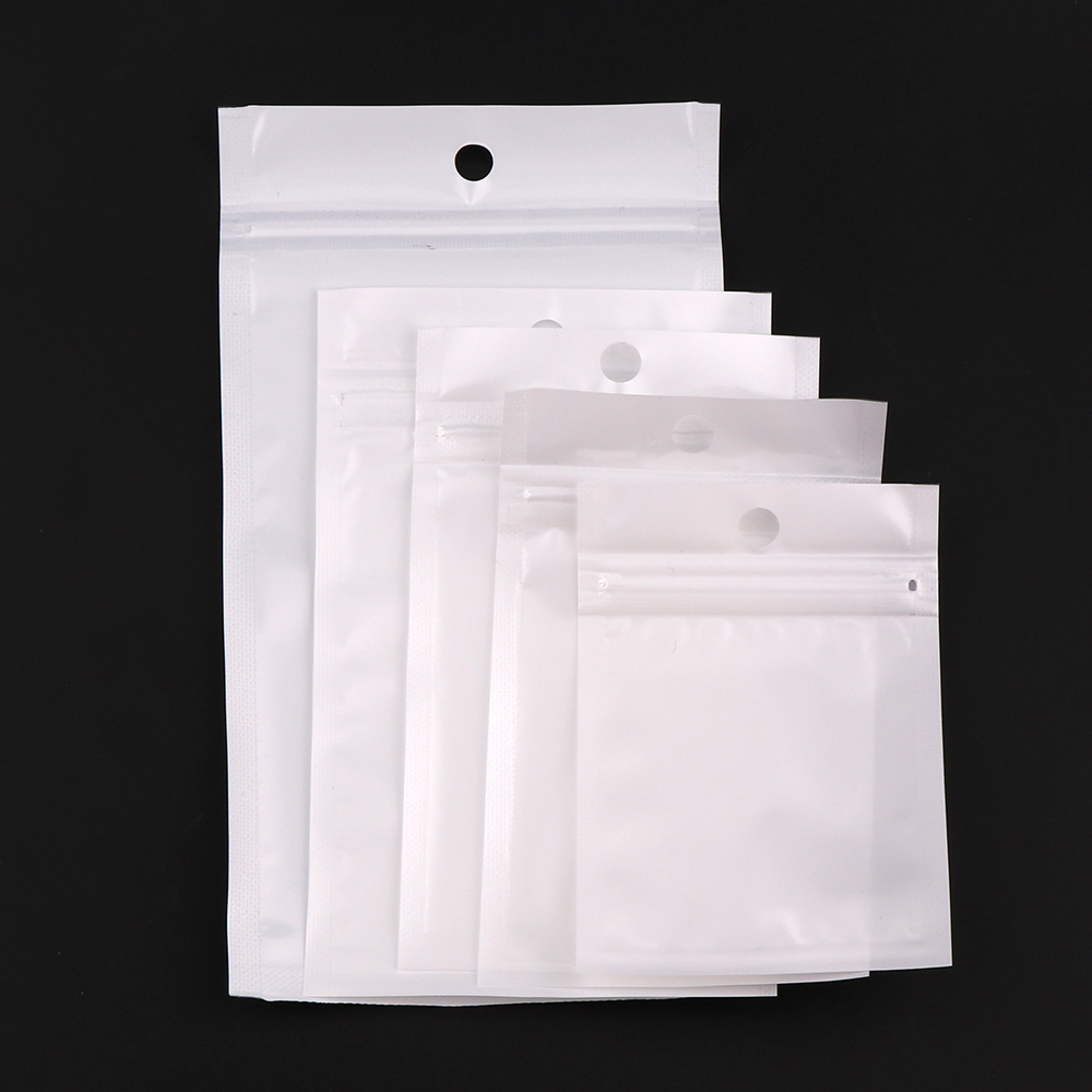 5 størrelse hvit/klar selvforseglet glidelås plast detaljemballasje pakke poly bag ziplock zip lock oppbevaringspose pakke med hengehull