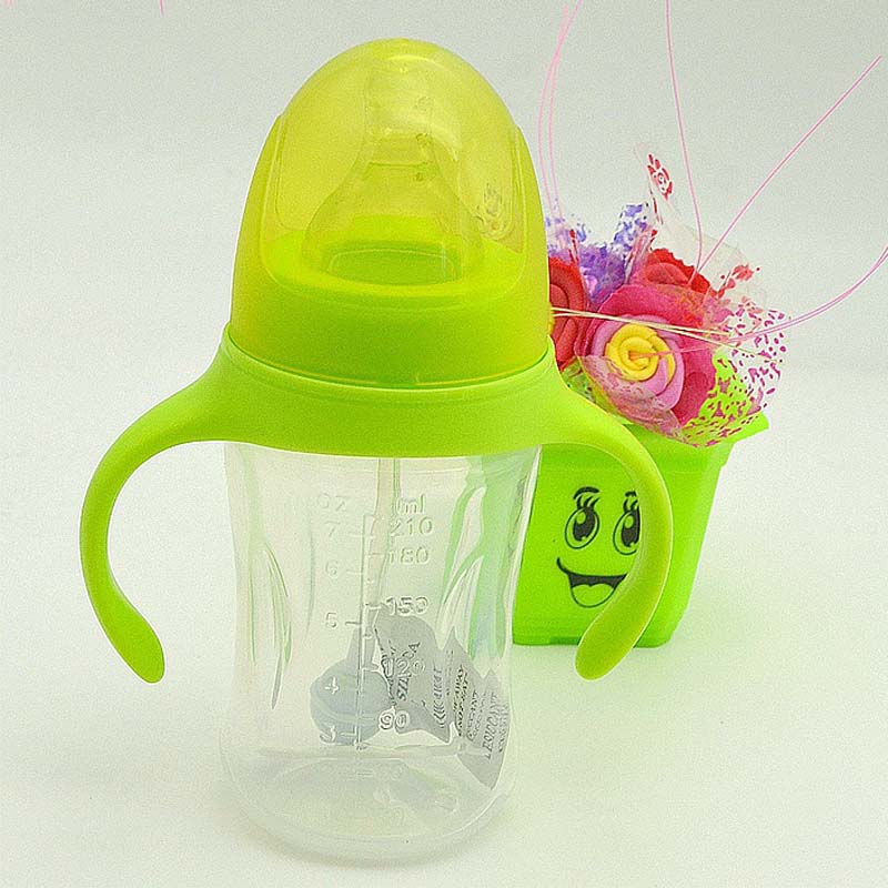 210ml Cute Baby Bottle Infant Newborn Children Learn Feeding Drinking Handle Bottle Kids Straw Juice Water Bottles Training Cup: 210ML Green