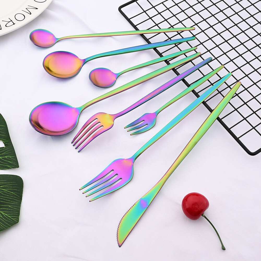 Matte Stainless Steel Dinner Cutlery Set Rainbow Tableware Kitchen Dinnerware Set Fork Coffee Spoon Knife Silverware Flatware