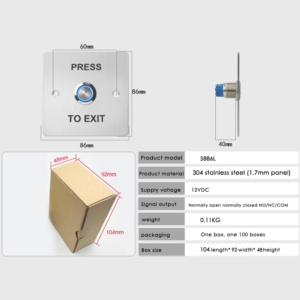 LED stainless steel Backlight Exit Button Door access control system kit NC NO COM For Door Lock Access Control System