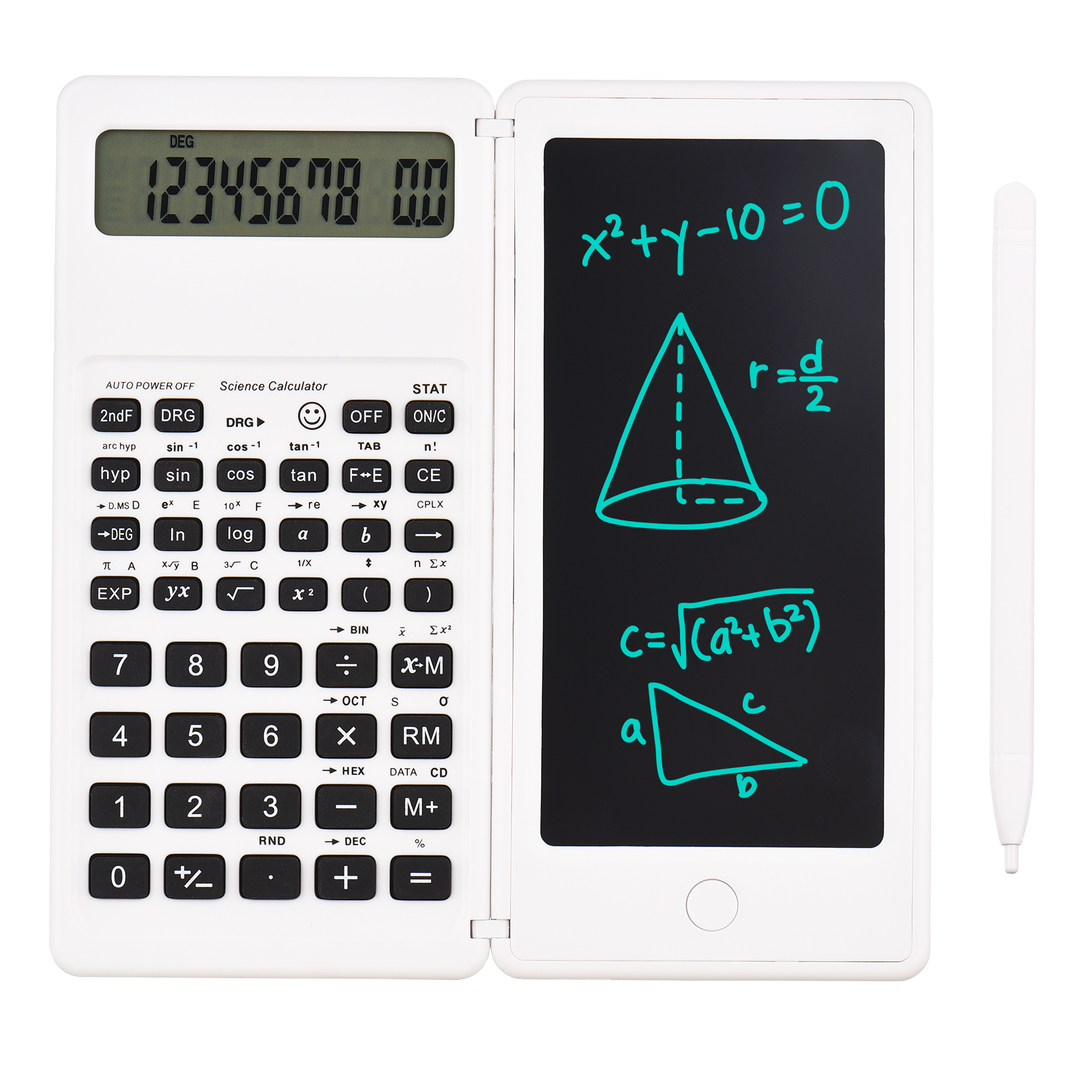 Lommeregner med lcd skrivetablet desktop regnemaskiner 10 -cifret display med stylus sletteknap tynd og foldbar: Hvid