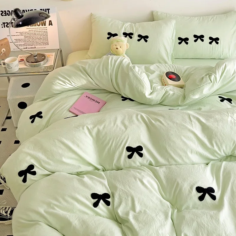 Lindo juego de funda nórdica con lazos rosas, juegos de cama con bordado 3D, juego de cama rosa, cómodas fundas de edredón Queen suaves para niñas, niños y adolescentes: Completo / Azul