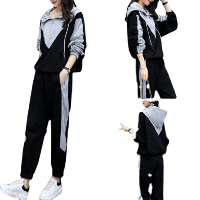 2022 Mode Sportkleding Hooded Sweater Broek Pak Vrouwen Grijs En Zwarte Stiksels Fitness Vrouwelijke Losse Sport Tweedelige pak