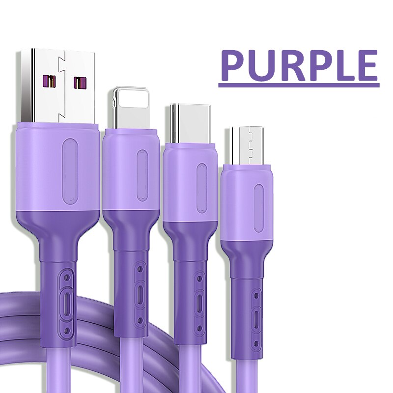 ROCK 3 in 1 Flüssigkeit Weiche Silikon USB Kabel Schnelle Lade Für iPhone Huawei Samsung Xiaomi Micro USB Typ C kabel Daten Ladung: LILA