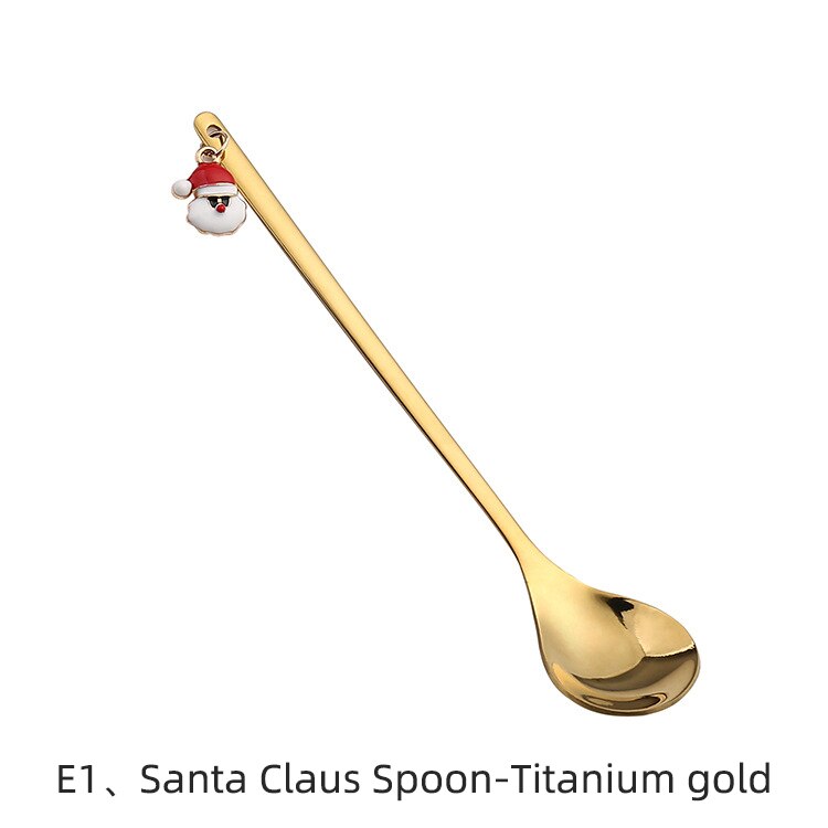 Christmas Spoon Vacuum Plating Stainless Steel Coffee Spoon Long Handle Tea Spoons Kitchen Drinking Flatware: E1