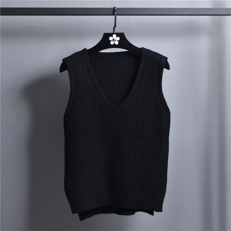 Strikket vest med v-hals, koreansk stil ensfarvet vest til kvinder løs vest stribet slim sweater frakke: Sort