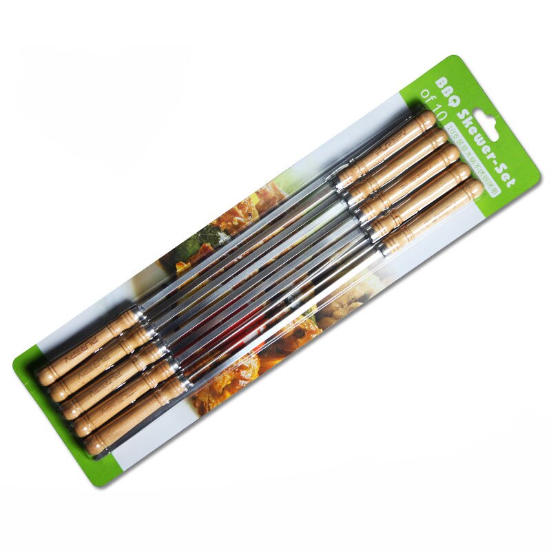 10pcs/pack Stainless skewers BBQ Grill metal sticks Barbeque Kabob Kitchen Needles with wooden hand barbecue grill for outdoor