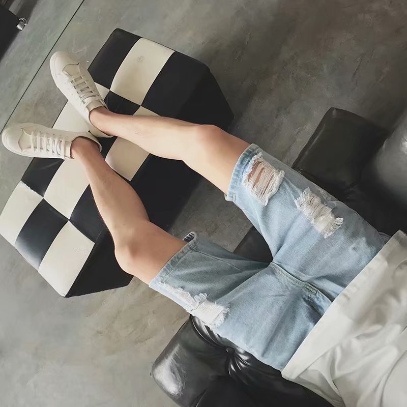 Jeans heren blauwe denim gaten gescheurd grote maat knielengte zomer koreaanse vintage chic vrijetijdskleding heren broek tieners ins ulzzang