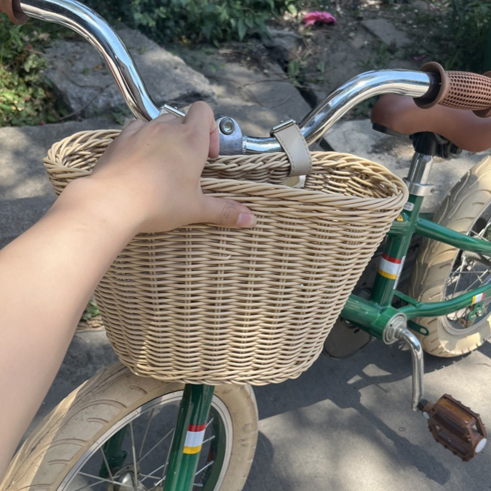 Cesta para bicicleta de mimbre, almacenamiento de bicicletas, cesta para manillar frontal, pegatina tejida a mano, bolsa para bicicleta, cesta de almacenamiento para montar