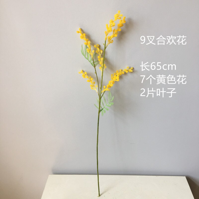 Kunstige akacie blomster gul mimosa spray kirsebær frugt gren bryllupsfest begivenhed indretning hjem bord blomst: 9 gafler