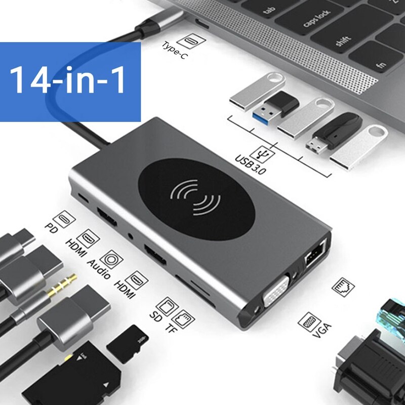 14-In-1 Usb C Hub Laptop Docking Station Type C Hub Draadloze Oplader Voor Laptop Power Levering met 1000M Rj45 Ethernet