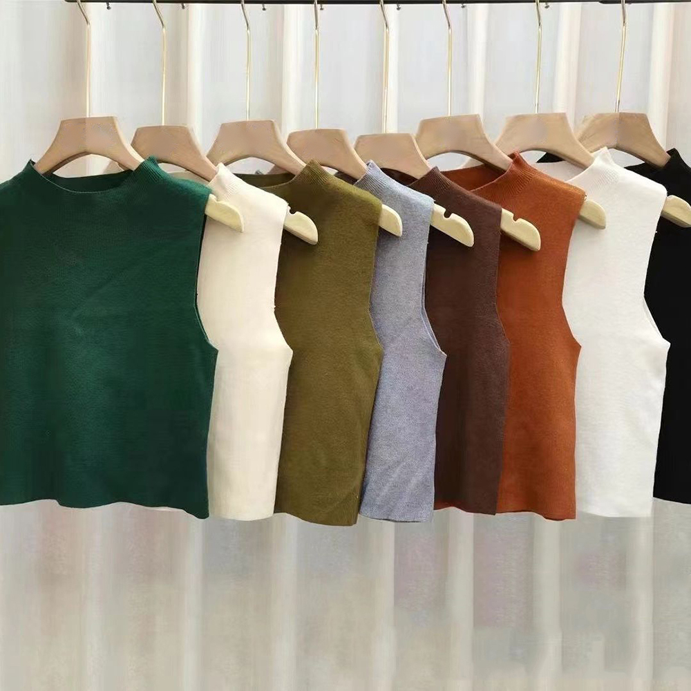 Camiseta sin mangas para mujer, camisetas tejidas de Color sólido, Top corto, camisola, suéter medio cuello alto, sin mangas para primavera y otoño