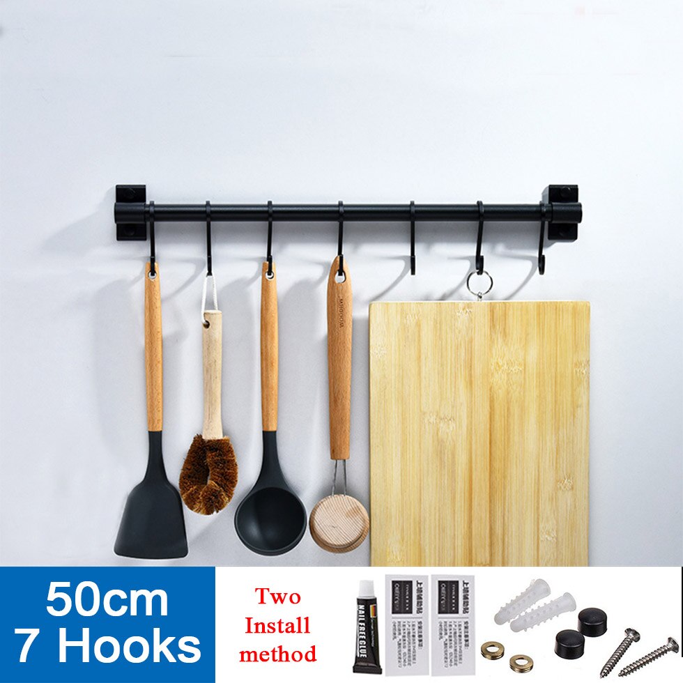 Preto gancho da cozinha rack de parede montado despensa ferramenta titular prateleira da cozinha alumínio despensa barra para utensílios de cozinha utensílio armazenamento rack: 50cm