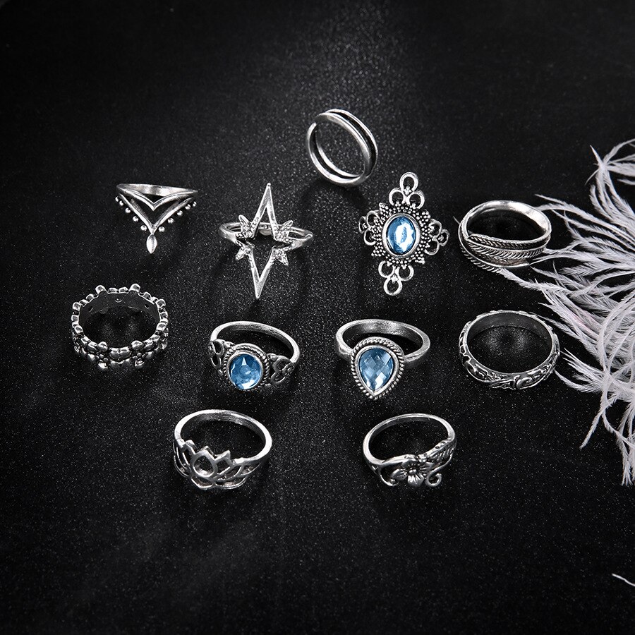 Ensemble d'anneaux d'articulation Vintage pour femmes, bijoux bohémiens, en cristal, plumes de lotus sculptées, 11 pièces