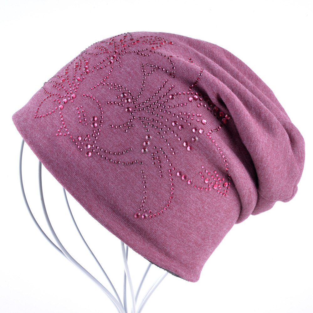 Female Beanie Bonnet Autumn And Winter Caps Hip-hop Cap Flower Rhinestone Hats For Women Beanies: Red