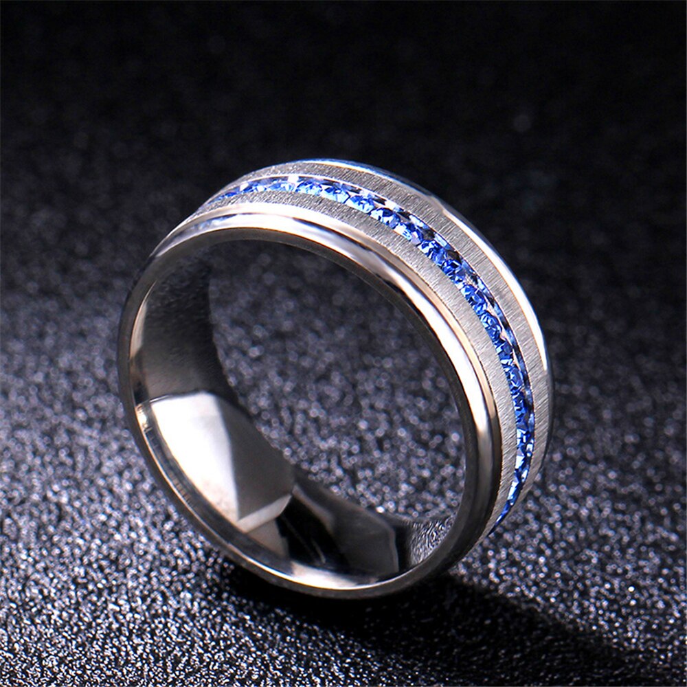 Loredana-Anillo de boda con tiras largas clásicas de 8mm para hombre y mujer, sortija de circón azul, joyería de acero inoxidable 316L