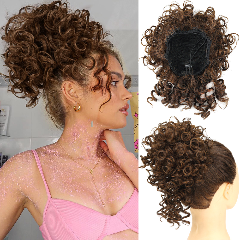 Coque de cabelo bagunçado, peça de cabelo com cordão elástico, onda solta, grande coque encaracolado, 60 gramas, extensão de rabo de cavalo sintético curto para mulheres: P1B/27