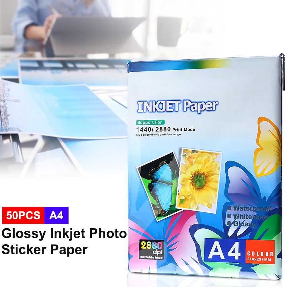 50Pcs A4 Sticker Photo Paper Inkjet Printer Label Sheets Waterproof Photo Paper High Glossy Self Adhesive Inkjet Printing Paper