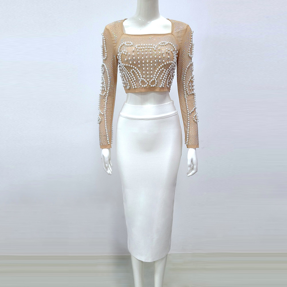 oben Promi Weiß Zwei Stücke Gesetzt Perle Perlen Aushöhlen Kunstseide Verband Kleid Party Kleid Vestidos: L / Weiß
