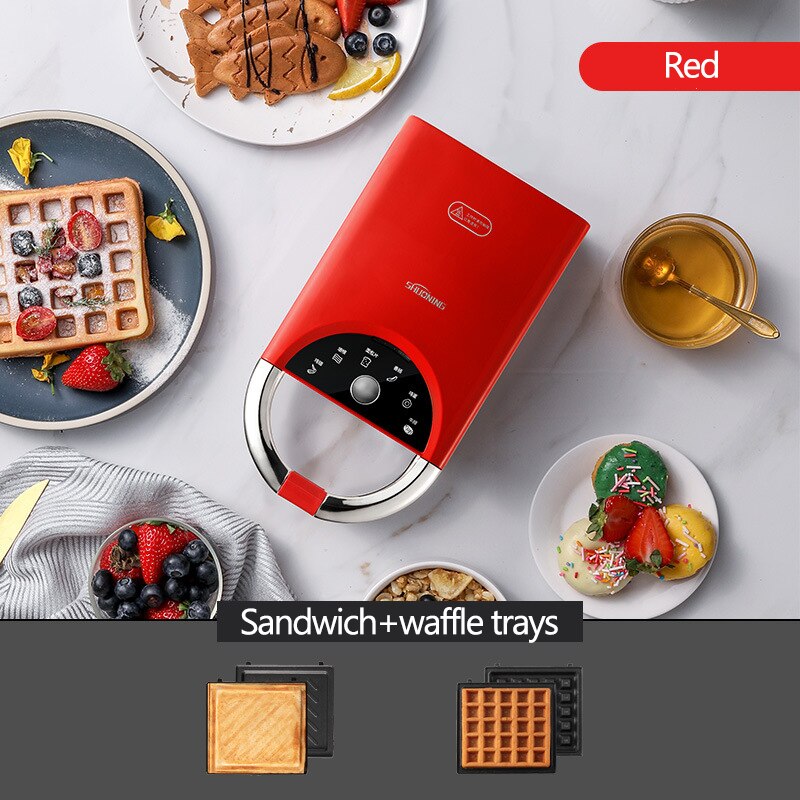 Electric Sandwich maker 5 in 1 Bread Maker Timed Waffle Makers Multifunctional Breakfast Machine Household bread Electric grill: red