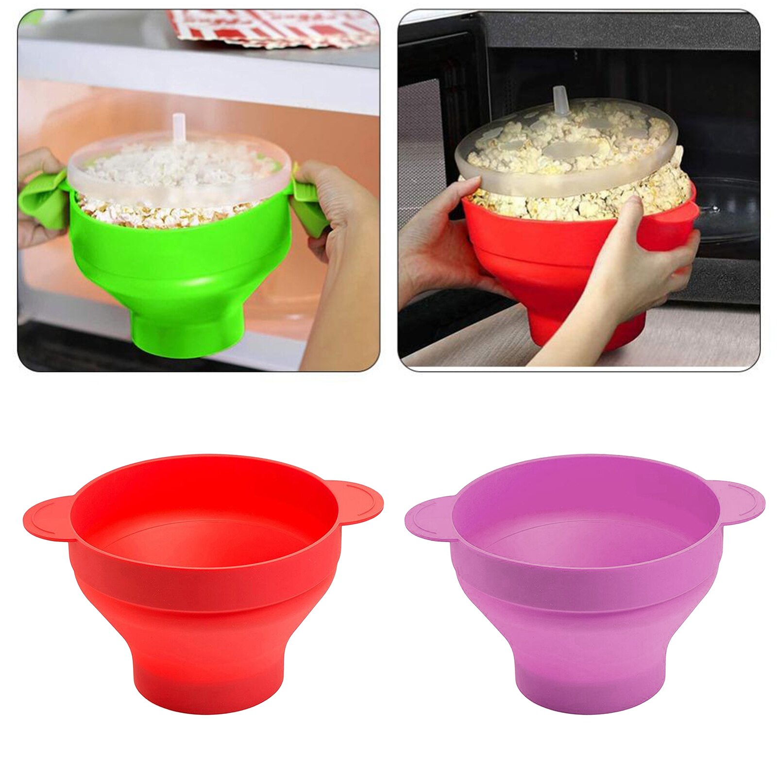 Silicone Foldable Microwave Popcorn Maker Bowl Dishwasher Safe Heat Resistant -40℃ to +230℃ Popcorn Bowl Dishwasher Safe w/ Cove