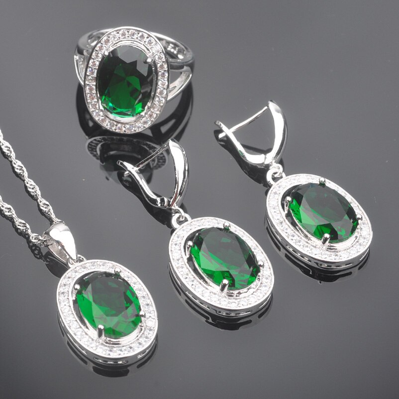 Bridal Jewelry Sets Women's Wedding Silver Color Green Crystal Ring Necklace And Earrings Set QZ095